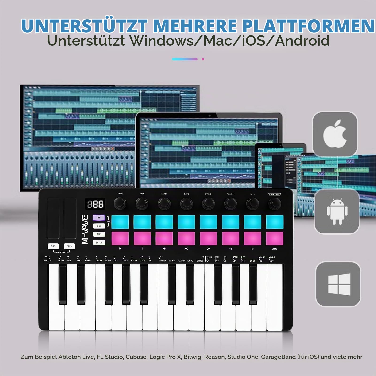 M-VAVE MIDI-Controller für Musikproduktion, verbesserte MIDI-Tastatur, tragbare wiederaufladbare Arranger-Tastatur, RGB-Pad-Tastatur, SMK-25II, schwarz und weiß, eingebauter Akku