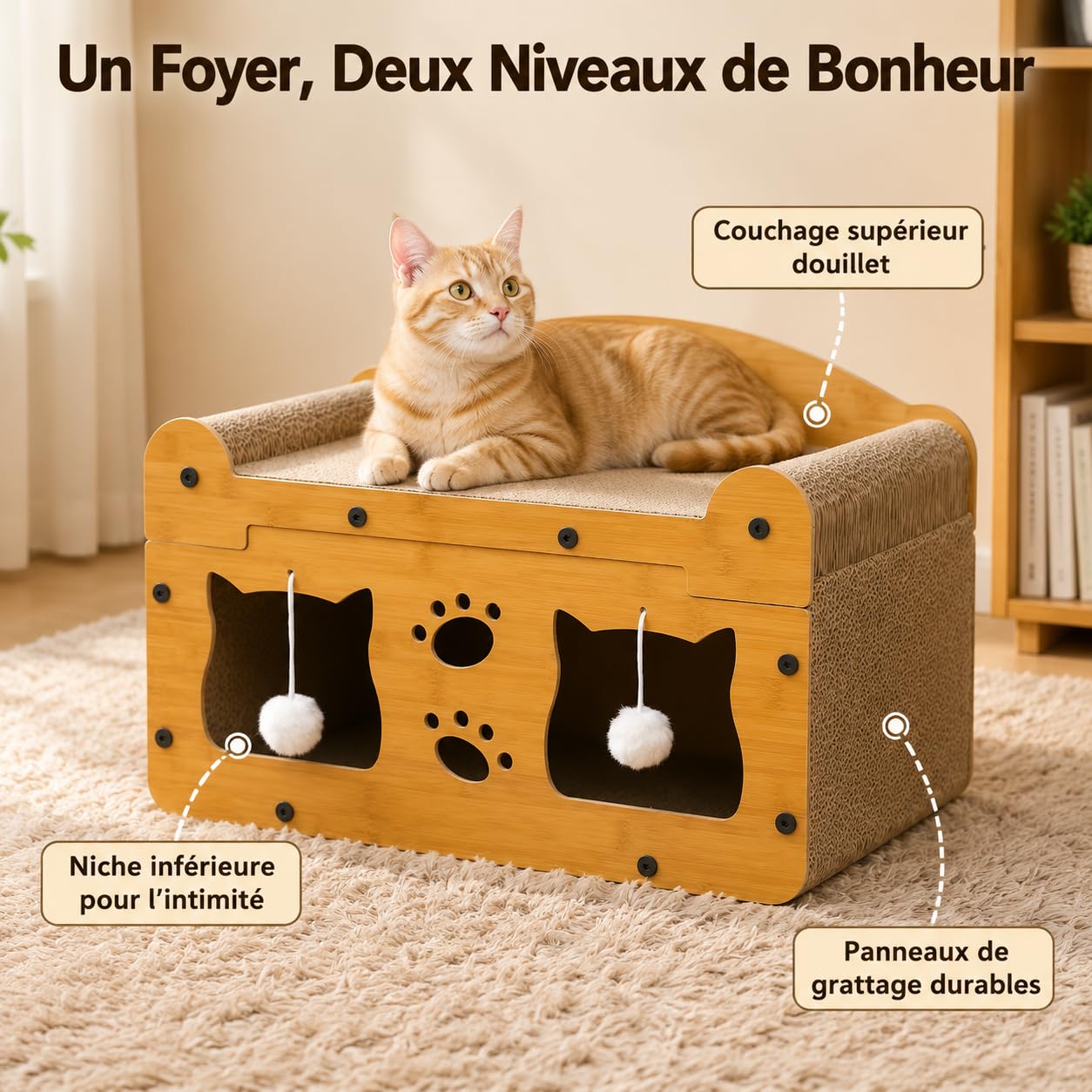 Maison Chat Confortable avec Griffoir pour Chat en Carton, Grattoir Chat et Niche Chat, pour Chats d’Intérieur, Style to 2, Moyen : 51 × 27 × 30 cm