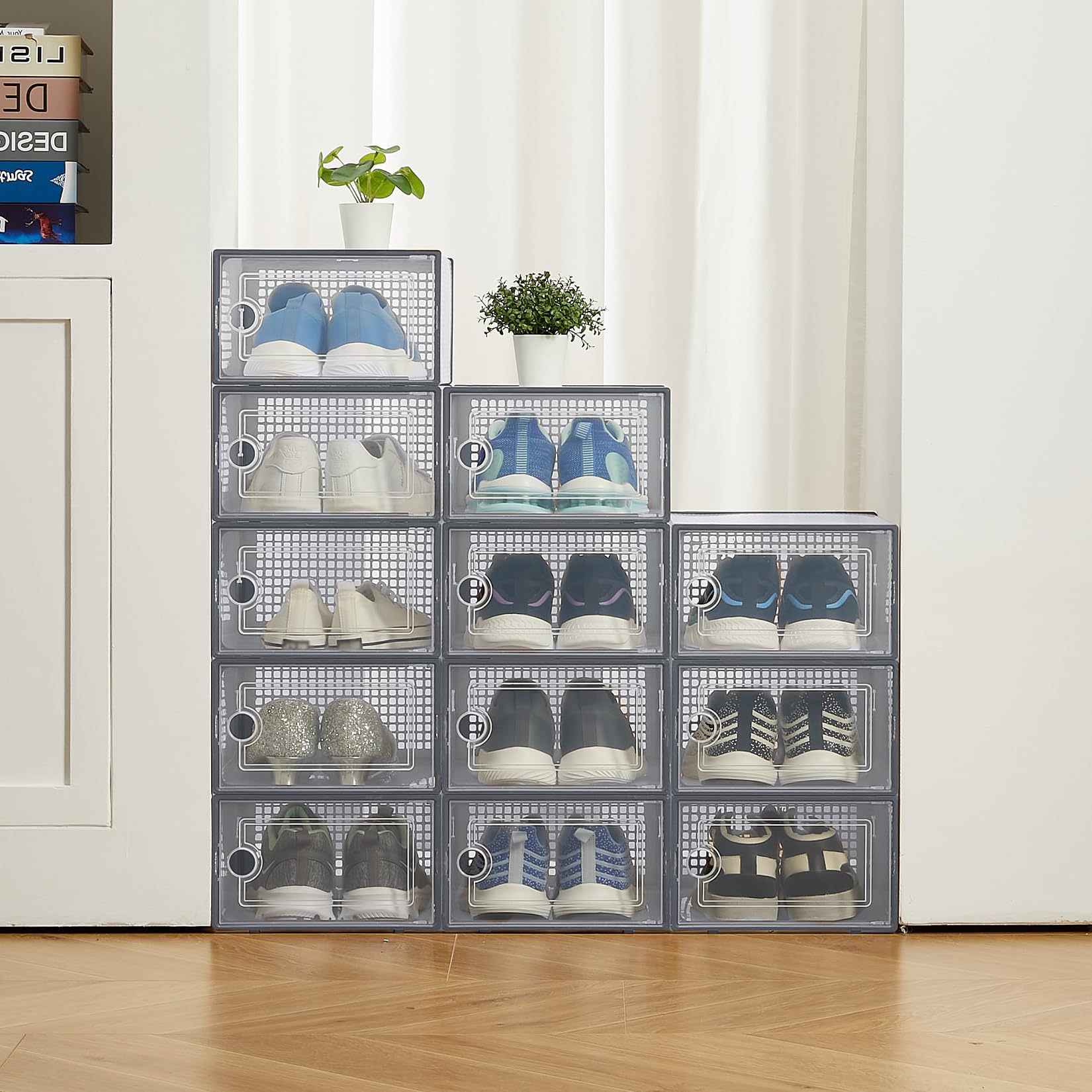 Aptliton x-Large Foldable Shoe Storage Boxes Fit Most Footwear, Clear Plastic Stackable Shoe Organizer Bins for Closet Entryway Under Bed, 12 Pack Available in Gray