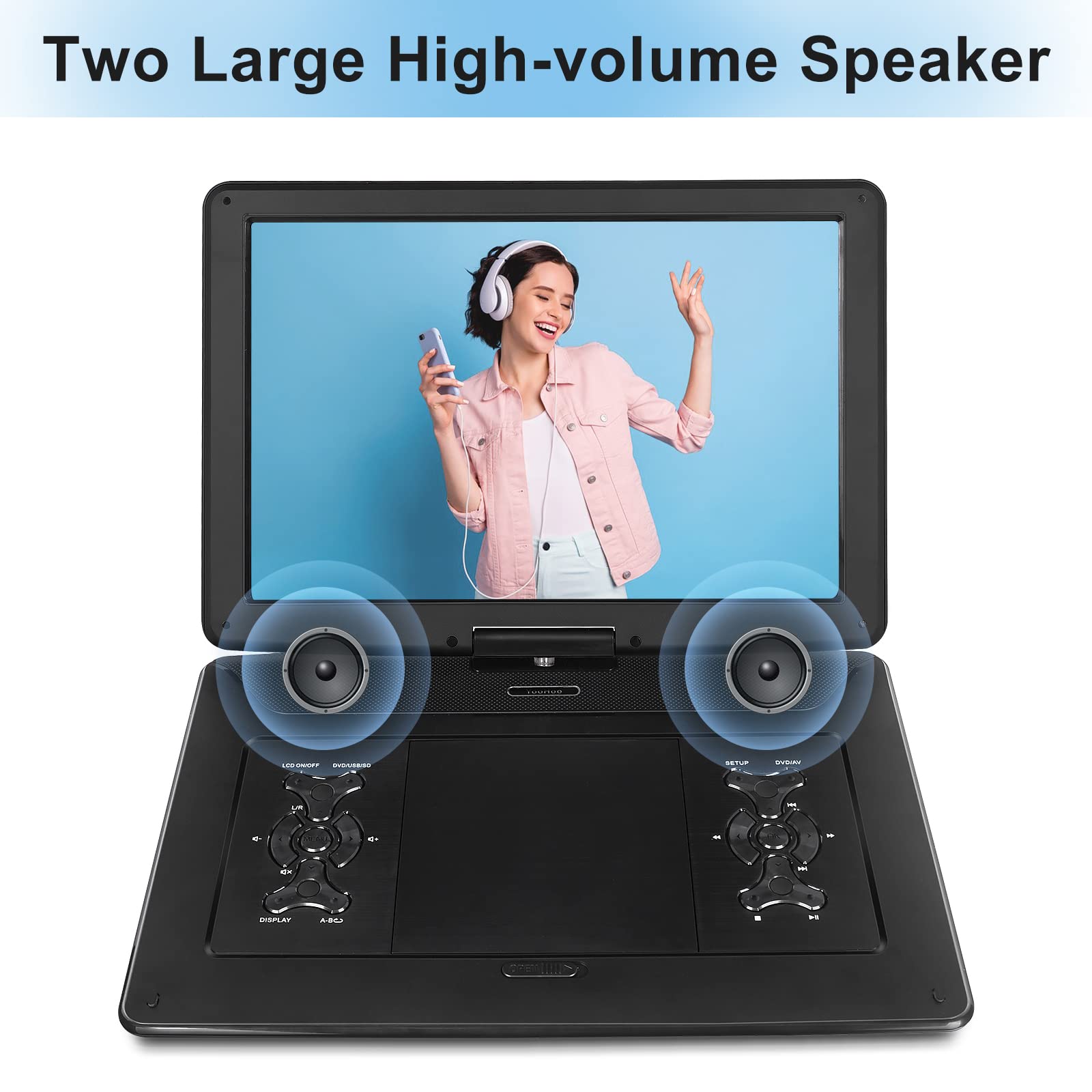 Lettore DVD portatile da 18 pollici con grande schermo HD da 15,6 pollici, 6 ore di riproduzione, lettore DVD portatile con doppio altoparlante, ultima memoria, supporto SYNC TV/USB/SD Card