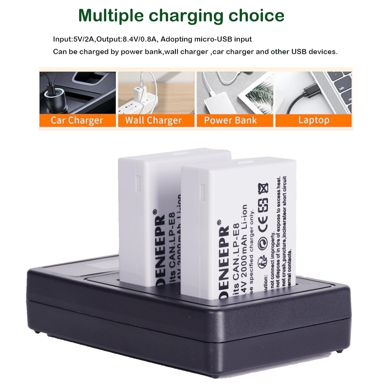 Kit 2 Batteries LP-E8 1980mAh + Chargeur USB-C Pour Canon EOS Rebel T2i, T3i, T4i, T5i, 550D, 600D, 700D