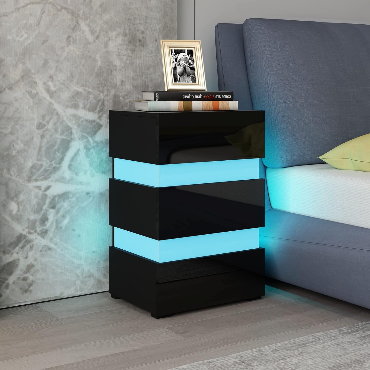 BESTWANTED Bedside Table, Black Gloss Bedside High Gloss LED