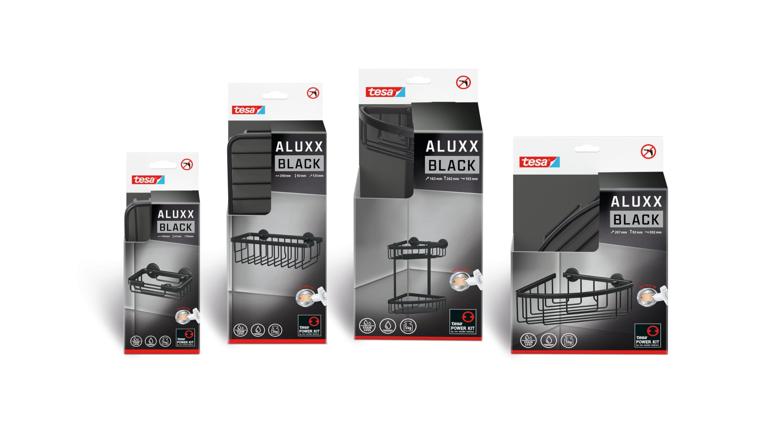 tesa ALUXX BLACK Cesta Rinconera de Ducha, Negro Mate - Dos Niveles - Baños Modernos y con Estilo Industrial - Montaje Adhesivo sin Taladrar - 262 mm x 163 mm x 163 mm