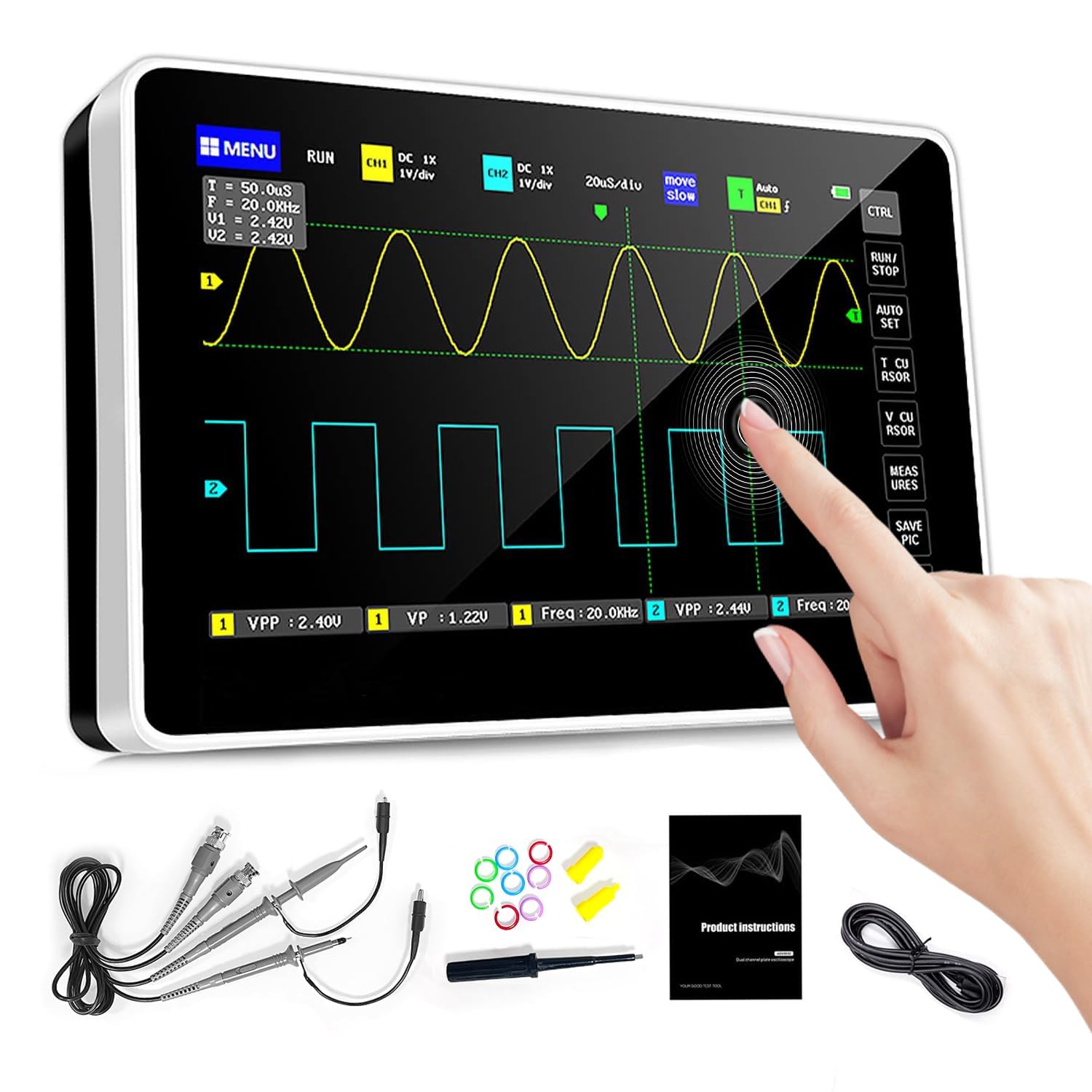 Oszilloskop 2 Kanal, Digitales Oscilloscope Digitaloszilloskop Tragbares 100MHz Bandbreite 1GS/s, LCD-Touchscreen Einsteiger-Oszilloskop