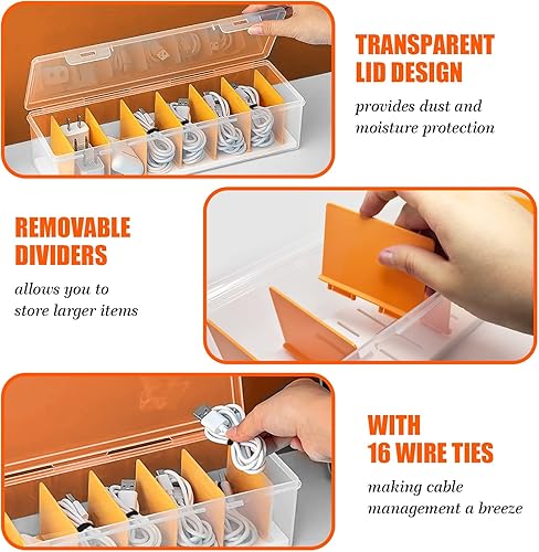 Miniatura 5 de Organizador de cargador, caja organizadora de cables (2 unidades)  Divisores ajustables, 16 bridas para cables, caja de almacenamiento transparente