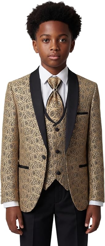 SIRRI Boys Gold Embellished Tuxedo 5 Piece Wedding Party Dinner Suit Ages 1-13