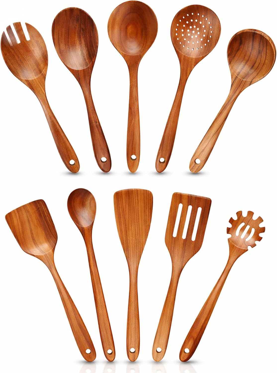 10 Piece Teak Wooden Spoons For Cooking, Wooden Kitchen Utensil Set, Organic Non Toxic Cooking Utensils, Large Serving Spoons