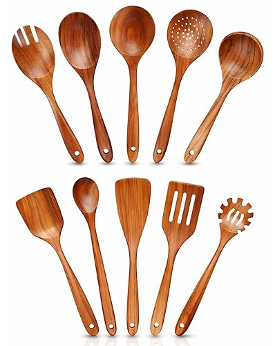 10 Piece Teak Wooden Spoons For Cooking, Wooden Kitchen Utensil