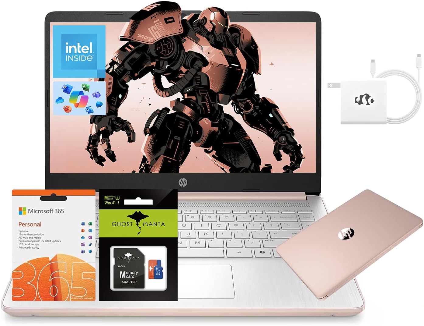 HP 14" Laptop, Intel Processor N150 (Beat i3) 16GB RAM 256GB Storage(128GB UFS + 128GB SD Card) 1-Year Office 365 Copilot AI Win11 WiFi6 Computer for Student Study Back to School w/GM Accessory