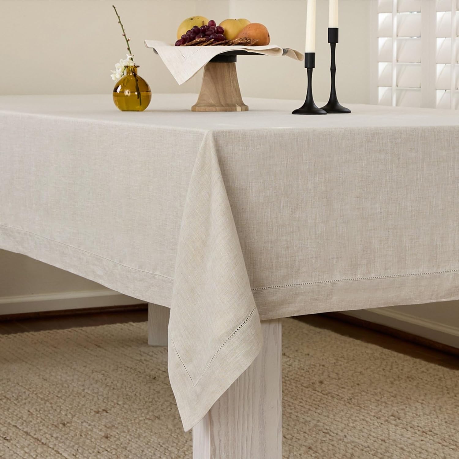 Solino Home Light Natural Linen Tablecloth 60 x 108 Inch - Classic Hemstitch, 100% Pure Linen Rectangular Tablecloth - Machine Washable Table Cloth for Spring, Summer, Mothers Day