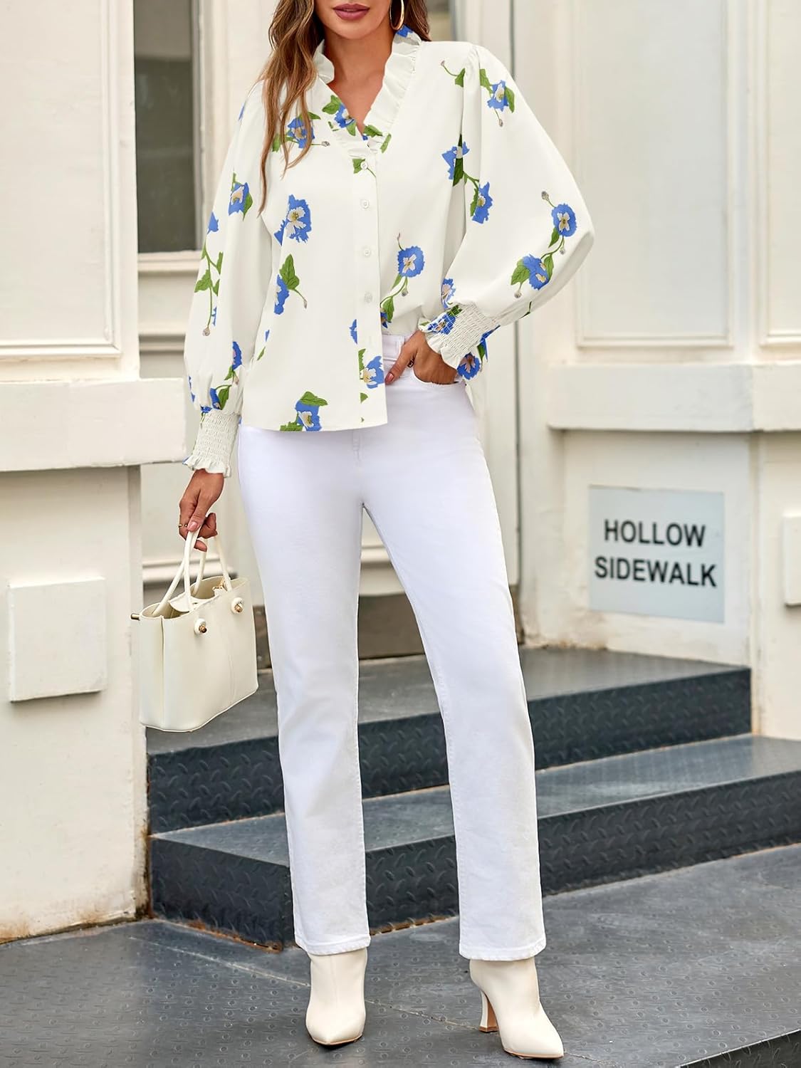 Tankaneo Womens Floral Ruffle Blouses Dressy Casual Long Puff Sleeve Boho Tops V Neck Button Down Shirts - Image 4