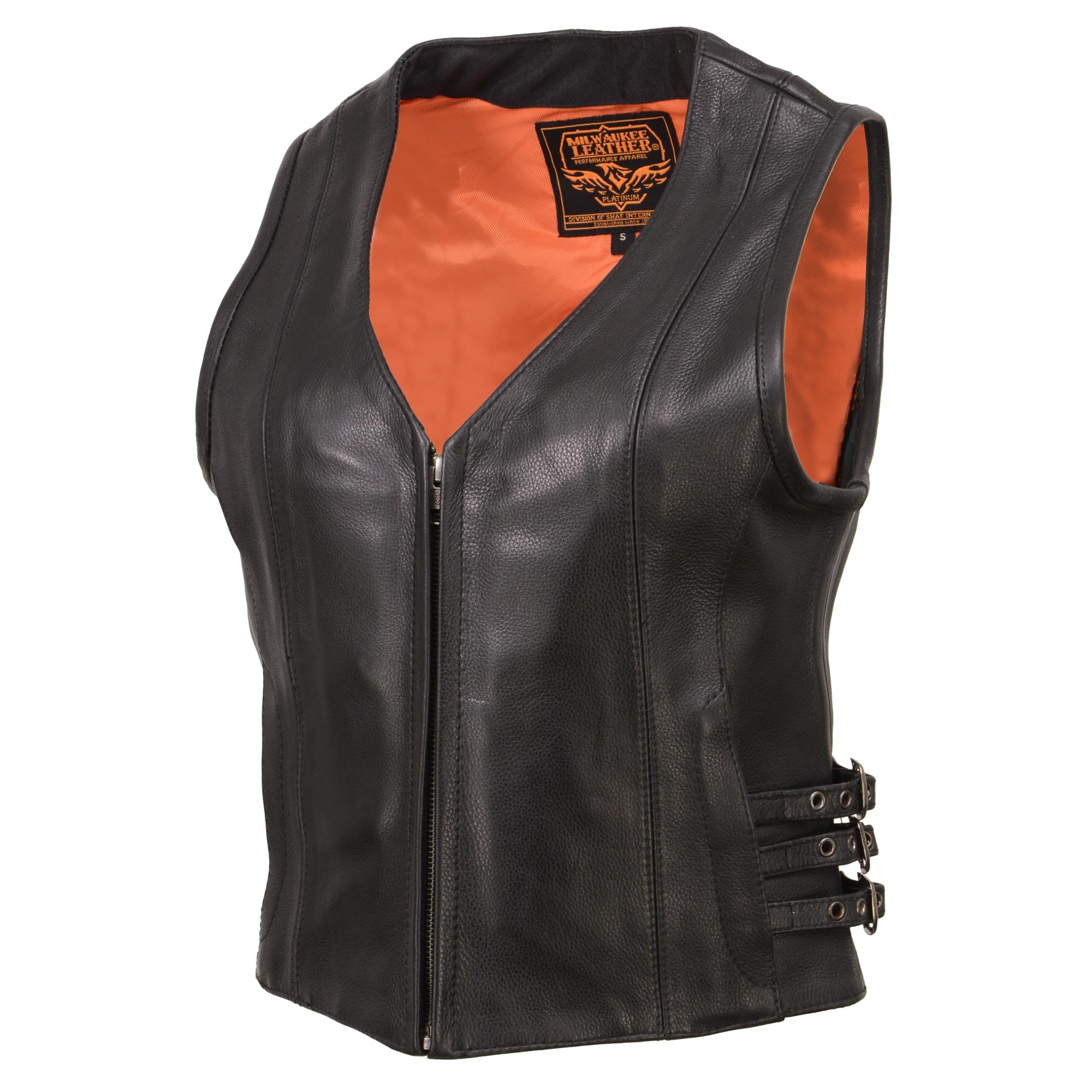 Milwaukee Leather Women's V Neck Zipper Front Side Buckle Vest Black (Medium)