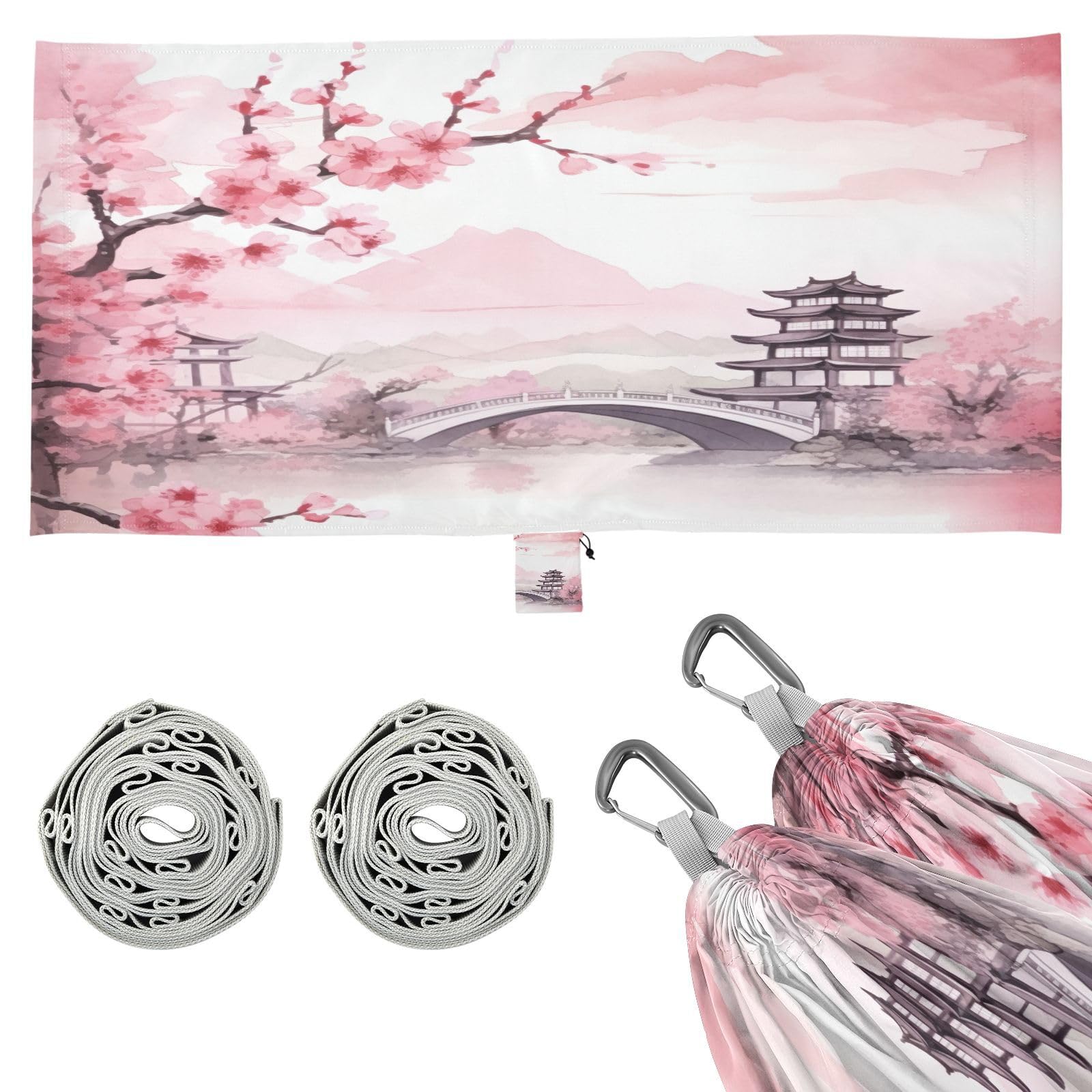 SDMKA Asian Style Pink Camping Hammock, 330 lbs with 2 Tree Straps, Carry Bag, Single Portable Hammock for Outdoor/Indoor, Hiking, Beach, Backpacking, Travel