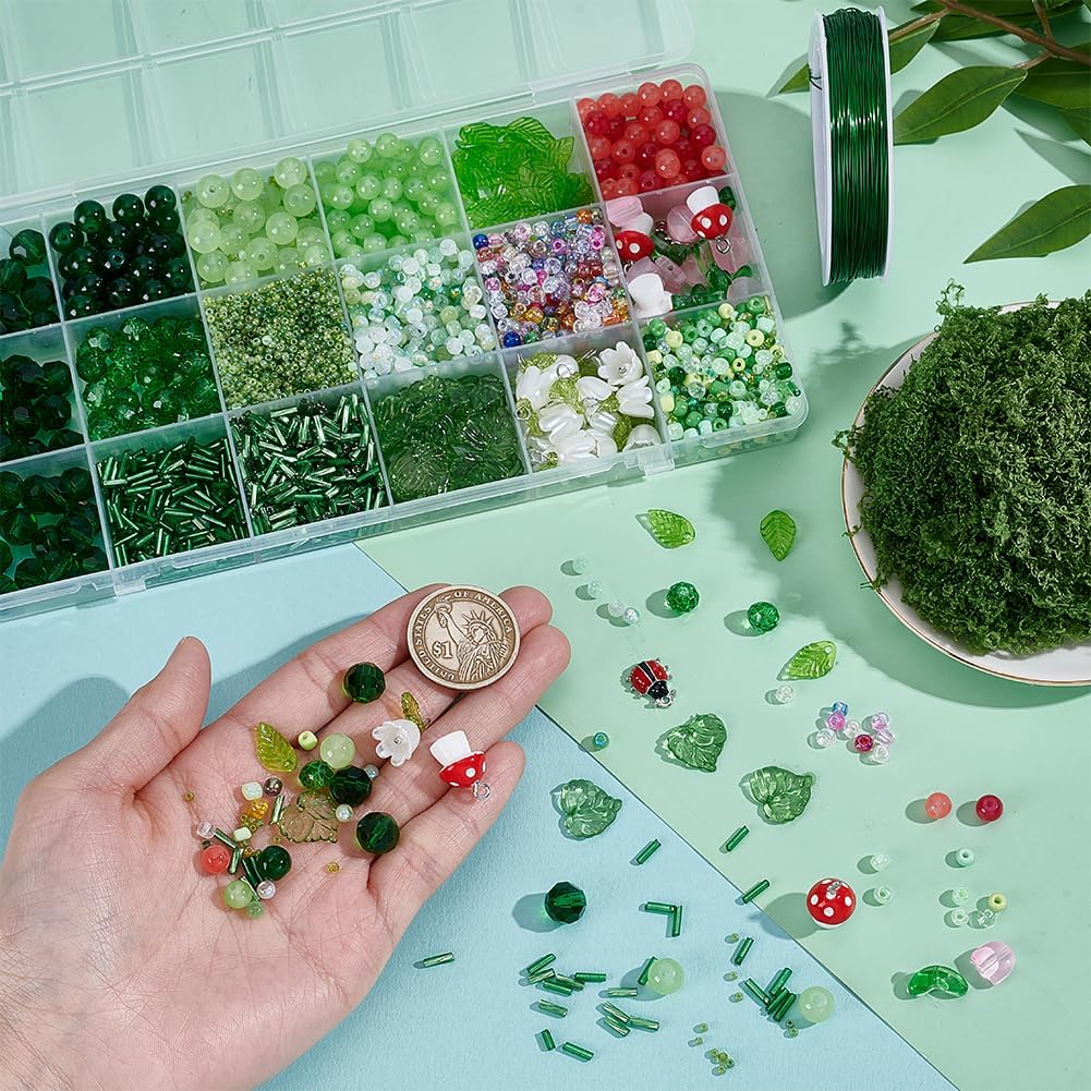 PH PandaHall 2630pcs Beaded Plant Kit, Green Glass Beads for Beaded Plants Making 18 Styles Assorted Crystal Bead Leaf Charms with Wire for DIY Plants Making Crafting and Jewelry Making