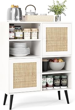COSTWAY Rattan Storage Cabinet, Wooden Buffet Sideboard with 2 Door, 4 Open Compartments & Anti-toppling Device, Freestanding Display Organiser Cupboard for Kitchen Dining Living Room White