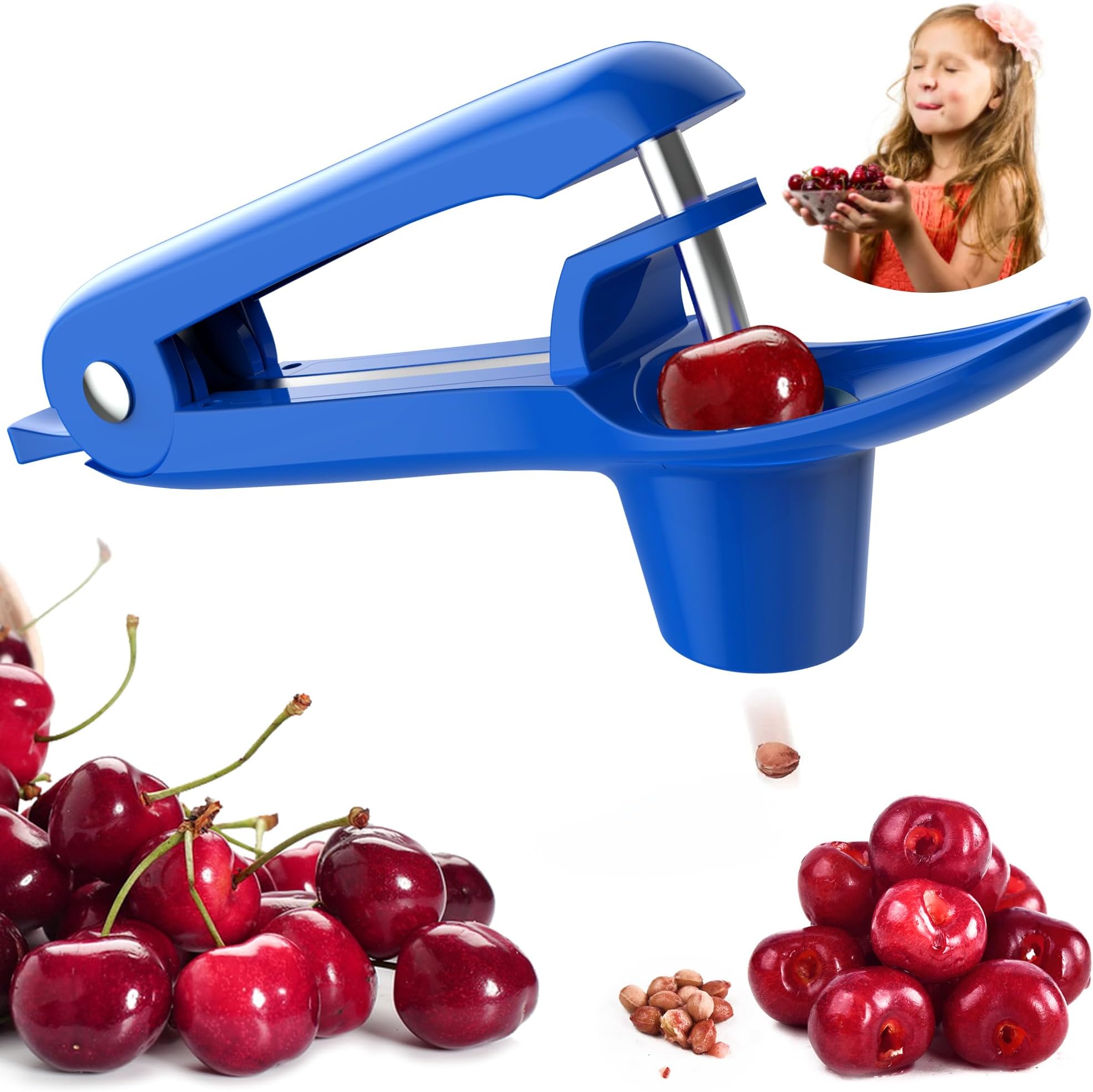 Cherry Pitter - Ordekcity Stainless Steel Cherries Corer Pitter Tool with Hand-held Push Design, Save Time & Space for Making Cherry Jam with Lock Design(Blue)
