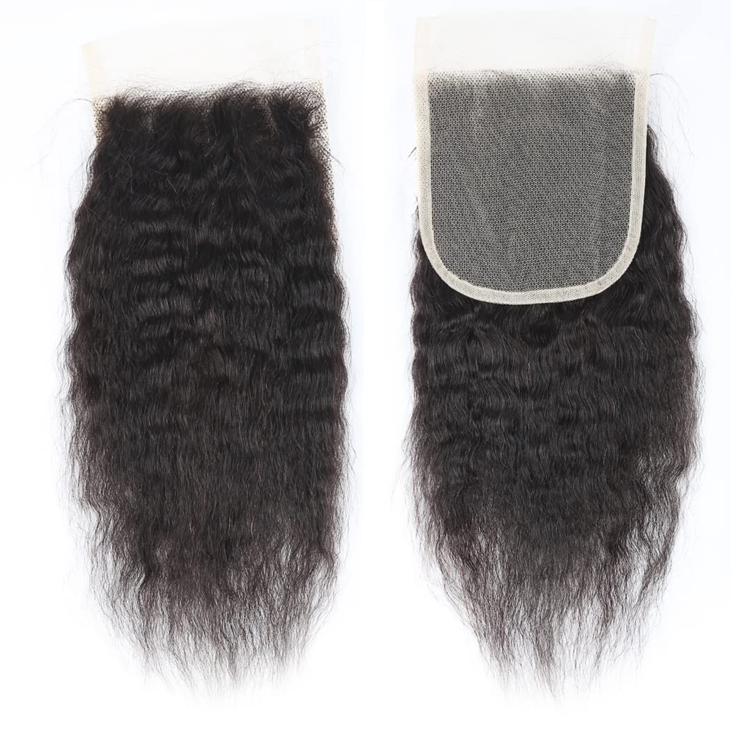 Odir Kinky Straight Bundles with Closure Brazilian Human Hair Unprocessed 9A Yaki Straight Virgin Hair 3 Bundles with 4x4 Lace Closure 10 10 10+10 Inch 50g/Bundle Natural Black