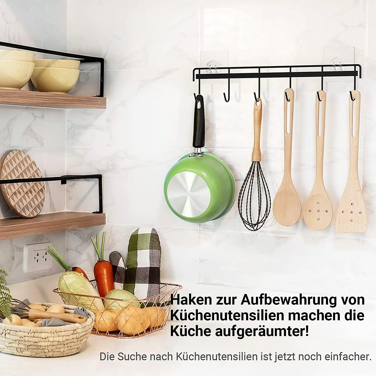 Hakenleiste für Küchenutensilien,2 Stück Küchenutensilienhalter Wandhalterung für Küchenutensilien Selbstklebende Wandhaken Wandaufhänger Ohne Bohren mit 6 Haken für Küche,Badezimmer,Wohnzimmer Küche, Haushalt & Wohnen