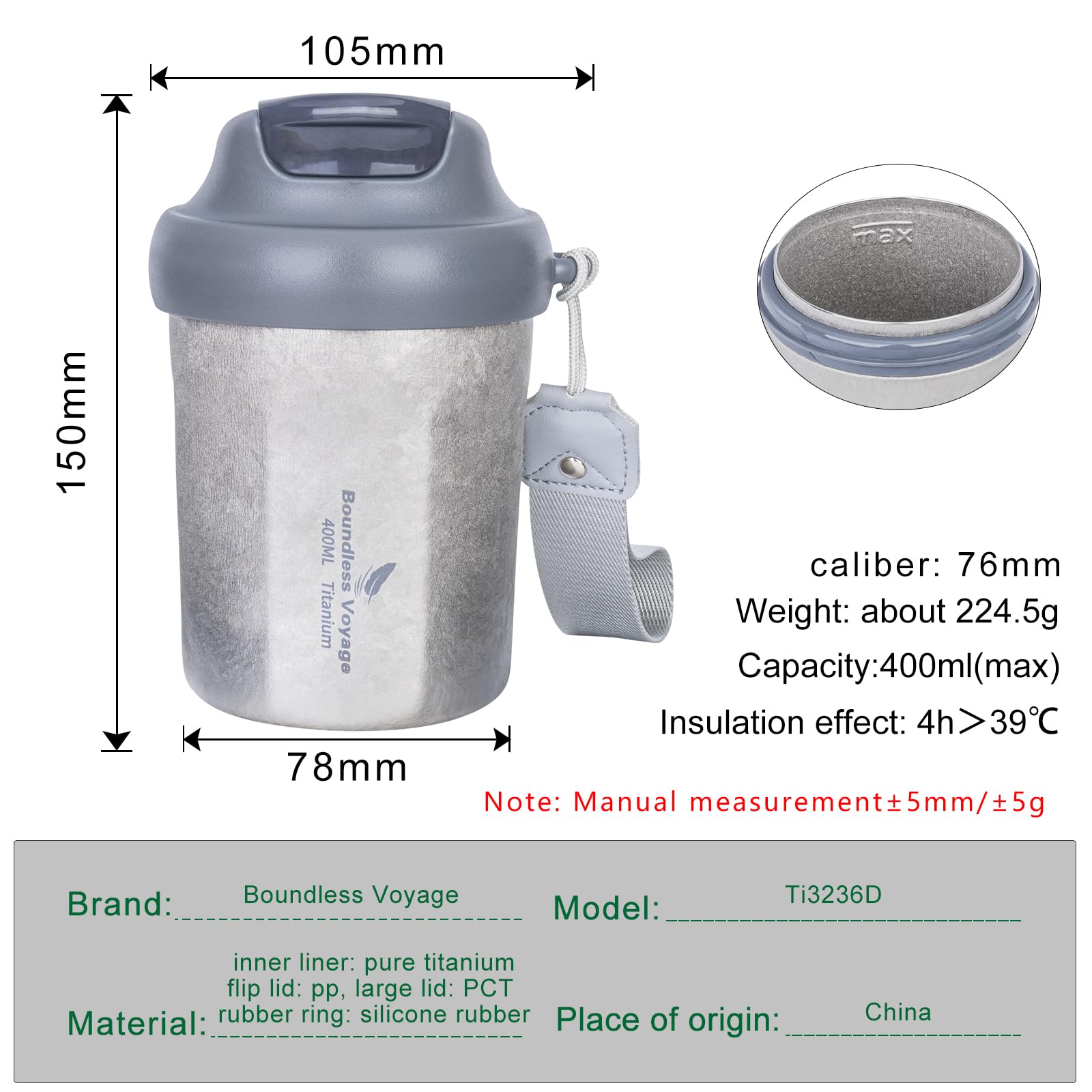 iBasingo Ti3236D Tasse à café en titane isotherme anti-déversement avec couvercle coulissant réutilisable à double paroi pour garder l'eau chaude/glacée, le thé, la bière