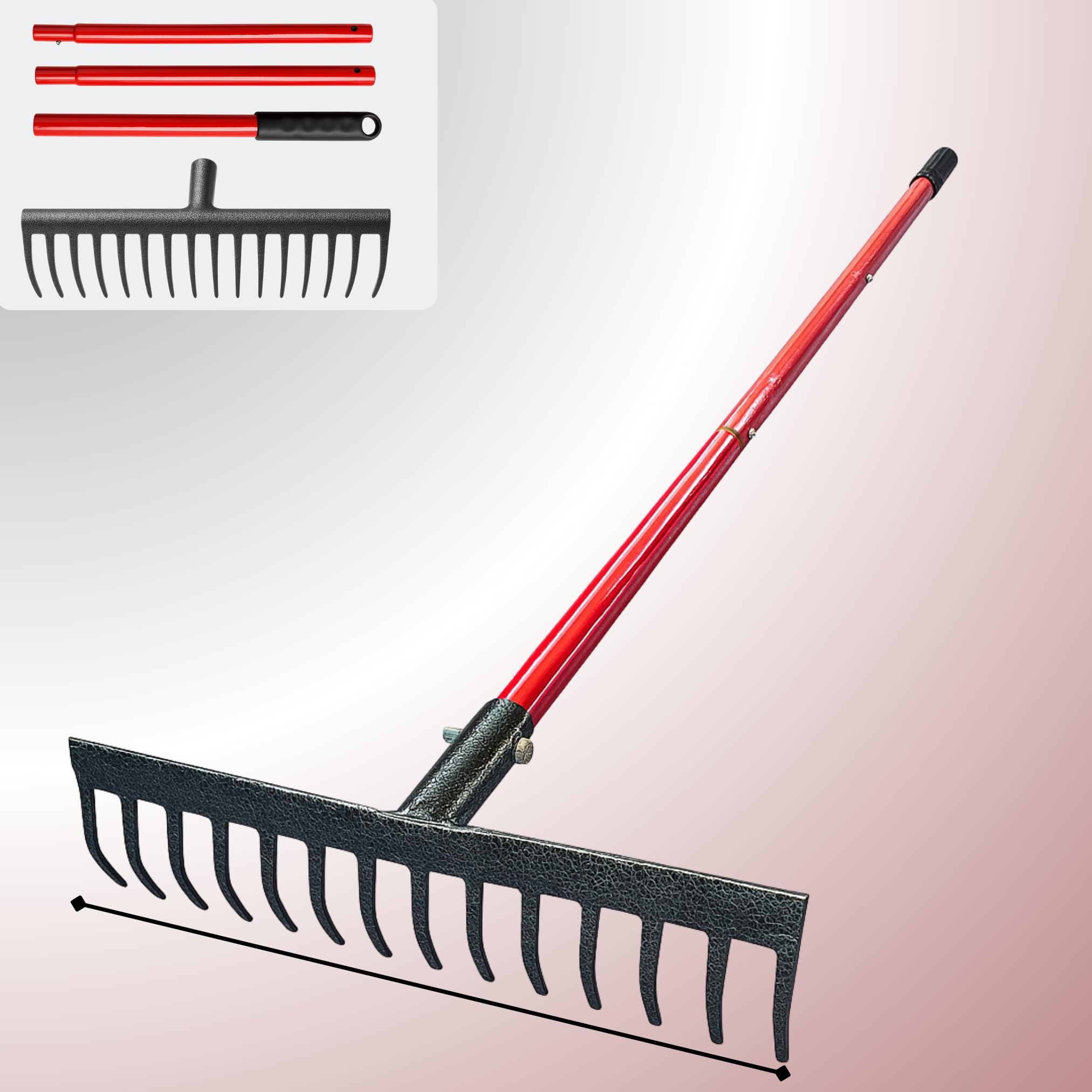 REDBUILD Heavy Duty Steel Garden Rake With Long Handle | (Multicolor) Polished Handle | Rake For Gardening | Rake For Quick Clean Up Of Lawn And Yard | Garden Leaf Rake | Garden Fork | Trowel