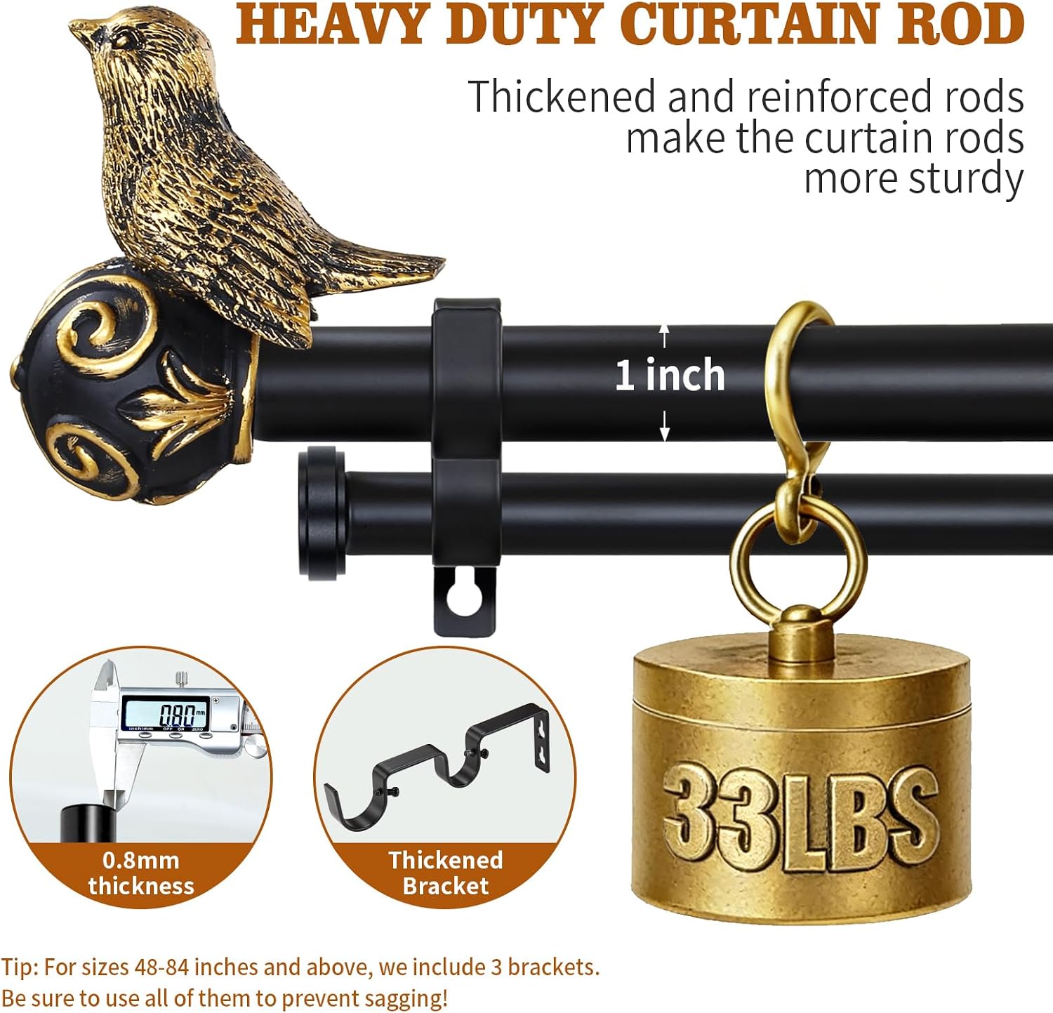 Double Curtain Rods for Windows 28-48 Inch, Gold Bird Finials