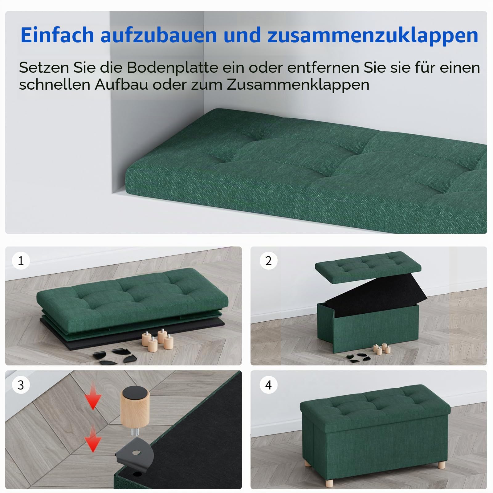 BRIAN & DANY Ottoman-Aufbewahrungsbox mit 4 Holzbeinen, Leinen-Aufbewahrungs-Ottoman für Wohnzimmer, Dunkelgrün, 76x38x38 cm