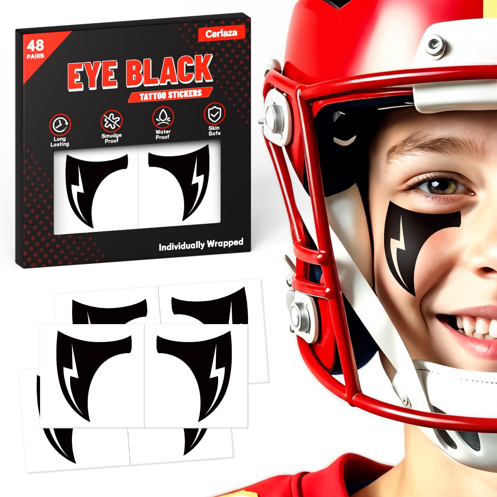 Cerlaza Football/Baseball Accessories, 48 Pairs Eye Black Stickers, Eye Black Tattoos Soccer Party Favors Supplies, Halloween/Sports Outdoors Game Day
