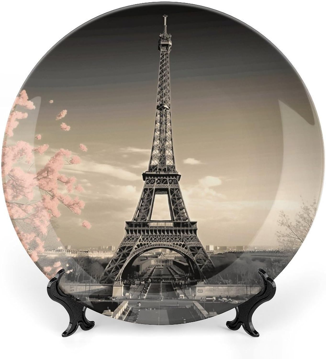 Paris Tower Decorative Plates for Display Round Porcelain Plate Living Room Table Ceramic Hanging Decorative Plate Art Decor for Living Room Table with 1 Display Stand 10inch