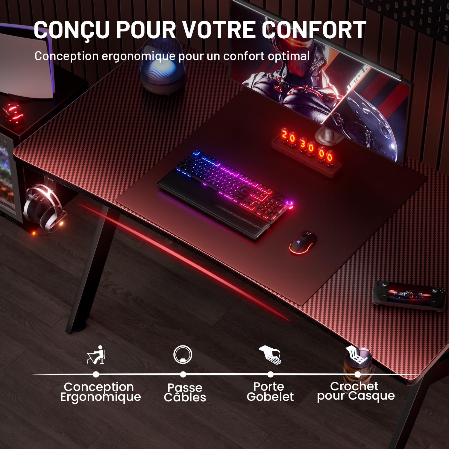 HLFURNIEU 120 x 60 cm Bureau Gaming, Bureau Gamer Informatique Ergonomique, Table Gaming en Fibre de Carbone, Gamer Desk avec Porte Gobelet et Crochet pour Casque, Noir