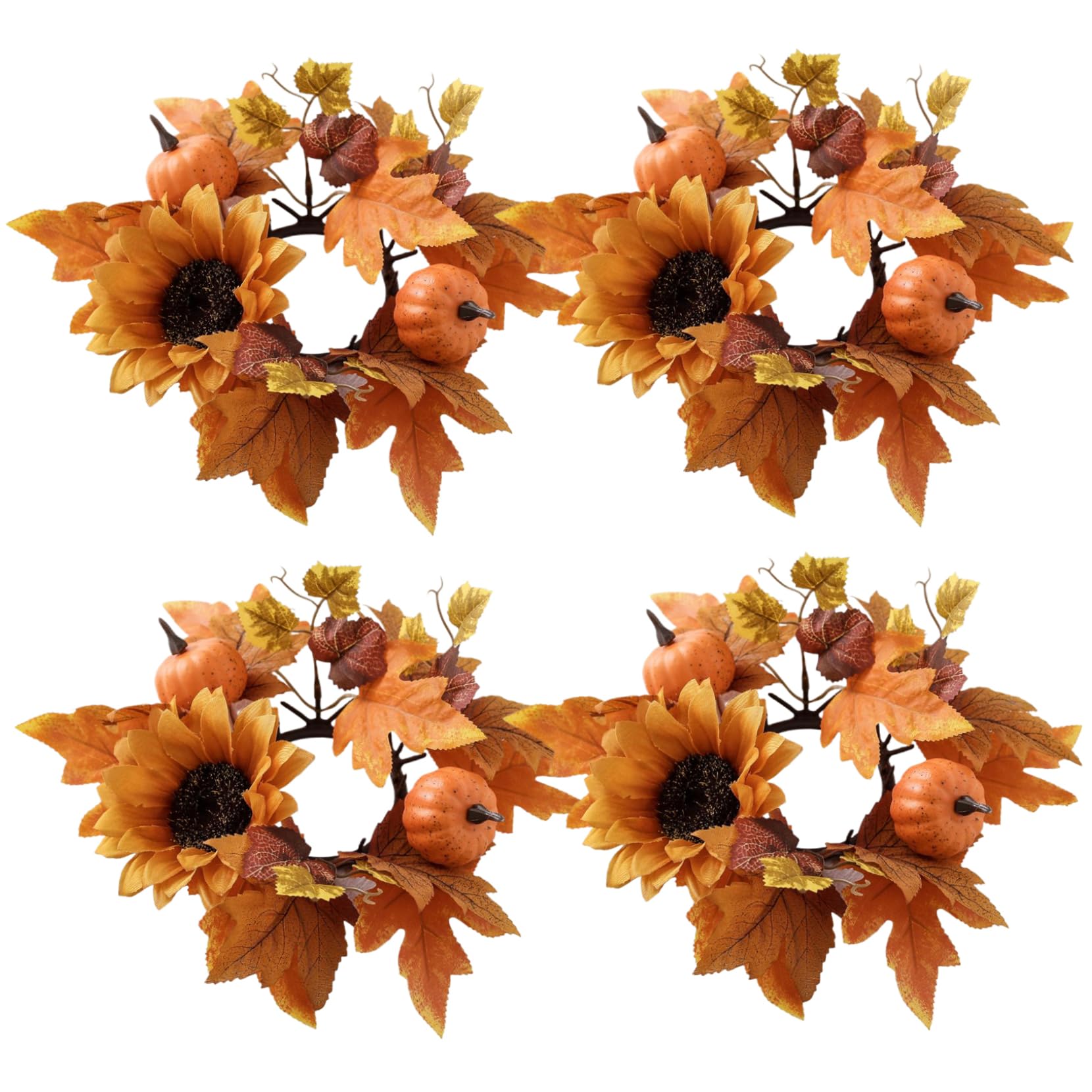 Veesper Fall Candle Rings 4Pcs 10 Inch Artificial Candle Wreaths with Maple Leaf Pumpkin Sunflower Silk Garland Centerpieces for Tabletop Halloween Harvest Thanksgiving Decor