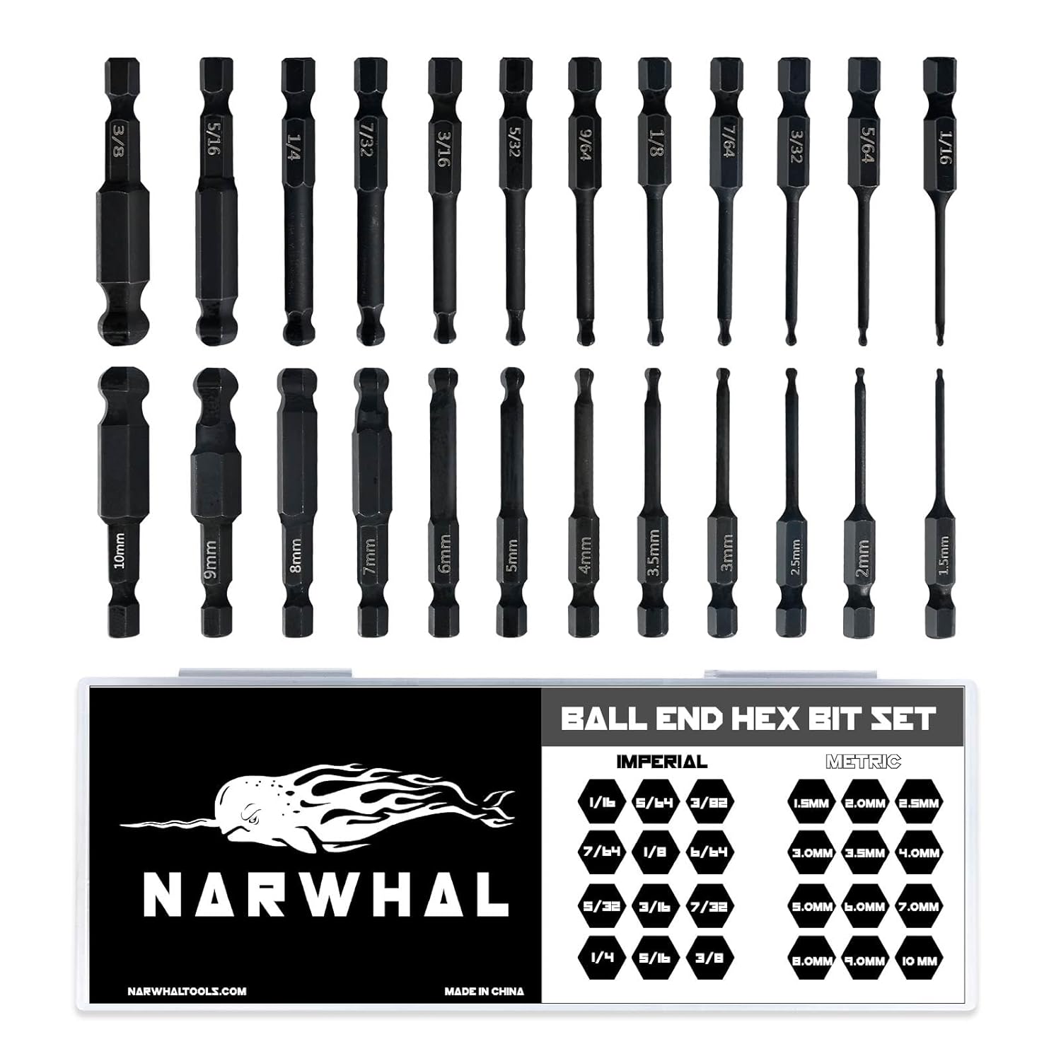 Ball End Hex Allen Wrench Drill Bit Set (24 Pack - Metric & SAE Sizes - Magnetic Tipped) - Hardened CR-MO Steel Hexagonal Bits - Perfect Replacement for Ball End Allen Wrenches & Hex Keys