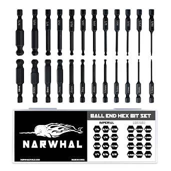 Ball End Hex Allen Wrench Drill Bit Set 24 Pack - Metric & SAE Sizes - Magnetic Tipped - Hardened CR-MO Steel Hexagonal Bits - Perfect Replacement for Ball End Allen Wrenches & Hex Keys