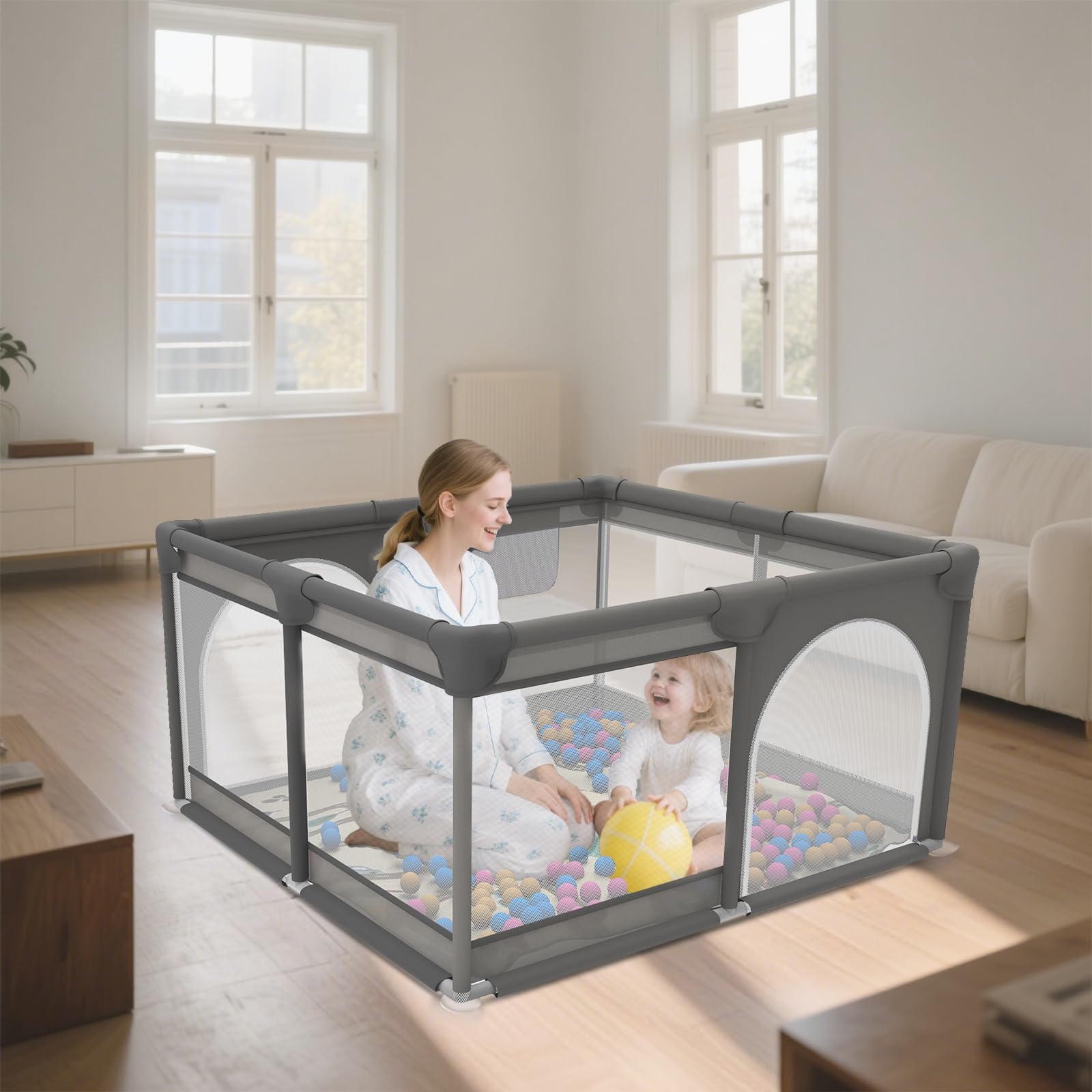 Laufstall Baby mit Matte, Laufgitter Baby mit Atmungsaktivem Netz und Reißverschluss für Wohnungen, Kleinkinder Laufstall mit 4 Saugnäpfen, Innen&Außen (120 * 120cm)