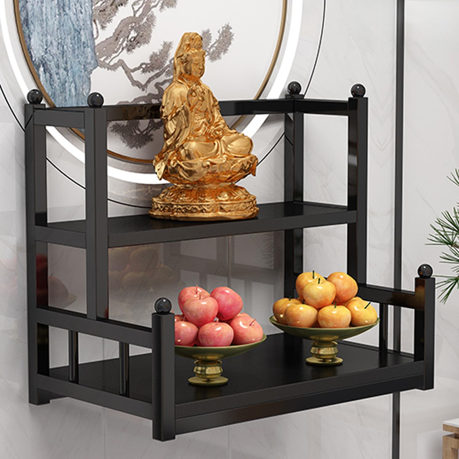 NHPJFDC Wall-Mounted Buddhist Altar Shelf, Shrine Altar Table, Metal Prayer Table, Multi-tiered Meditation Tables, Shrine Display Stand, Buddha Niche for Home Incense(Black,60cm/23.6in)