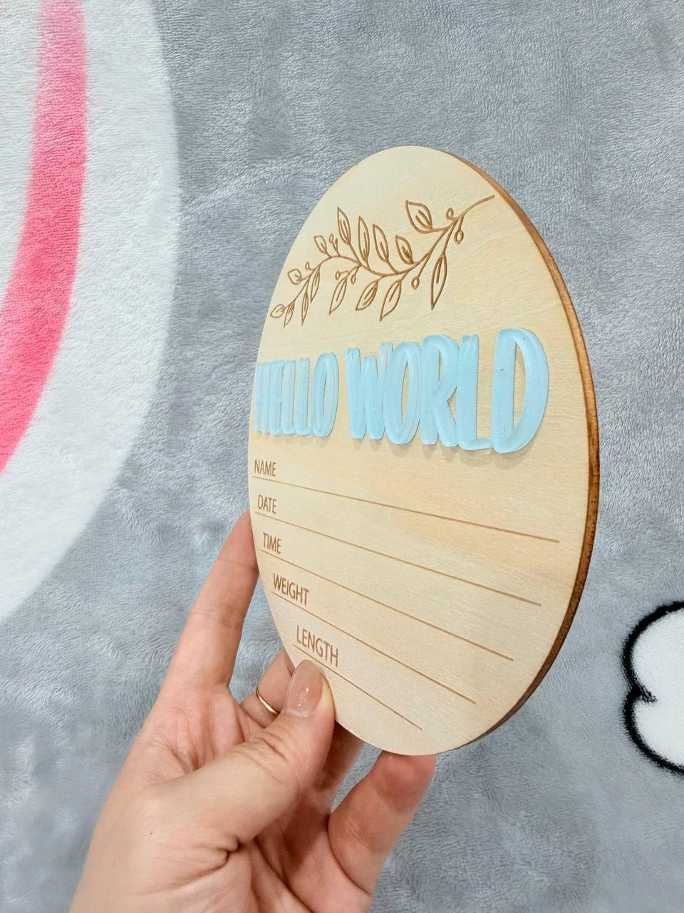 3D Blue Hello World Birth Announcement Sign - Round Wooden Baby Name Stat Plaque for Hospital - Newborn Photo Prop Ornament - Engraved Leaves Nursery Decor - Keepsake Gift for Baby Boy Girl