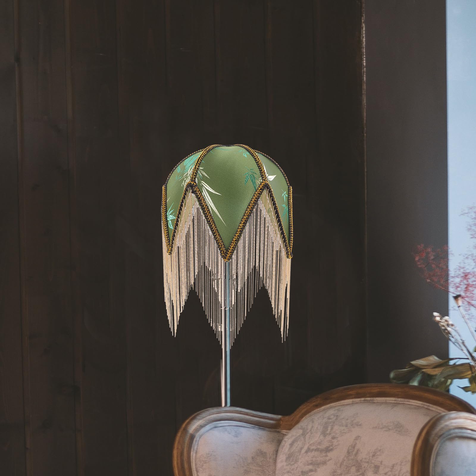 Paralume Verde con Frange, Motivo Foglia, Foro Centrale da 1cm, Struttura in Ferro, per Lampada da Tavolo e Lampada a Sospensione, Decorazione Casa
