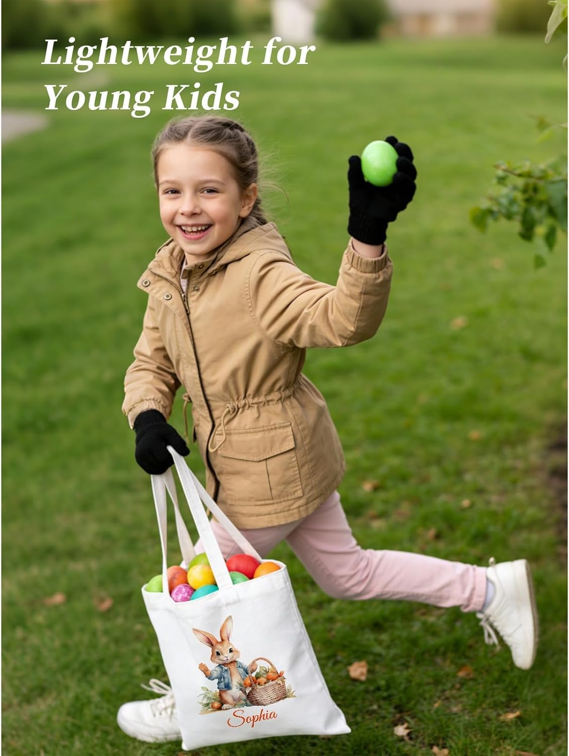 Custom Easter Canvas Tote Bags, Bunny Treat Easter Egg Hunt Bag with Personalized Name for Girls Boys - Image 6