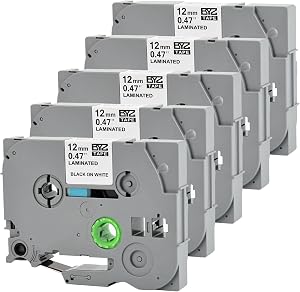 5 Pack Label Tape Replacement for Brother TZe-231 TZ-231 TZe231 Tz 1/2" 12mm,Laminated Black on White 0.47" for pTouch Printer PT-D400 PT-D210 PT-D200 PT-D600 PT-1890 PT-H110 Label Maker