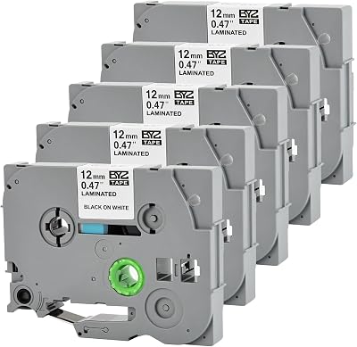 5 Pack Label Tape Replacement for Brother TZe-231 TZ-231 TZe231 Tz 1/2" 12mm,Laminated Black on White 0.47" for pTouch Printer PT-D400 PT-D210 PT-D200 PT-D600 PT-1890 PT-H110 Label Maker