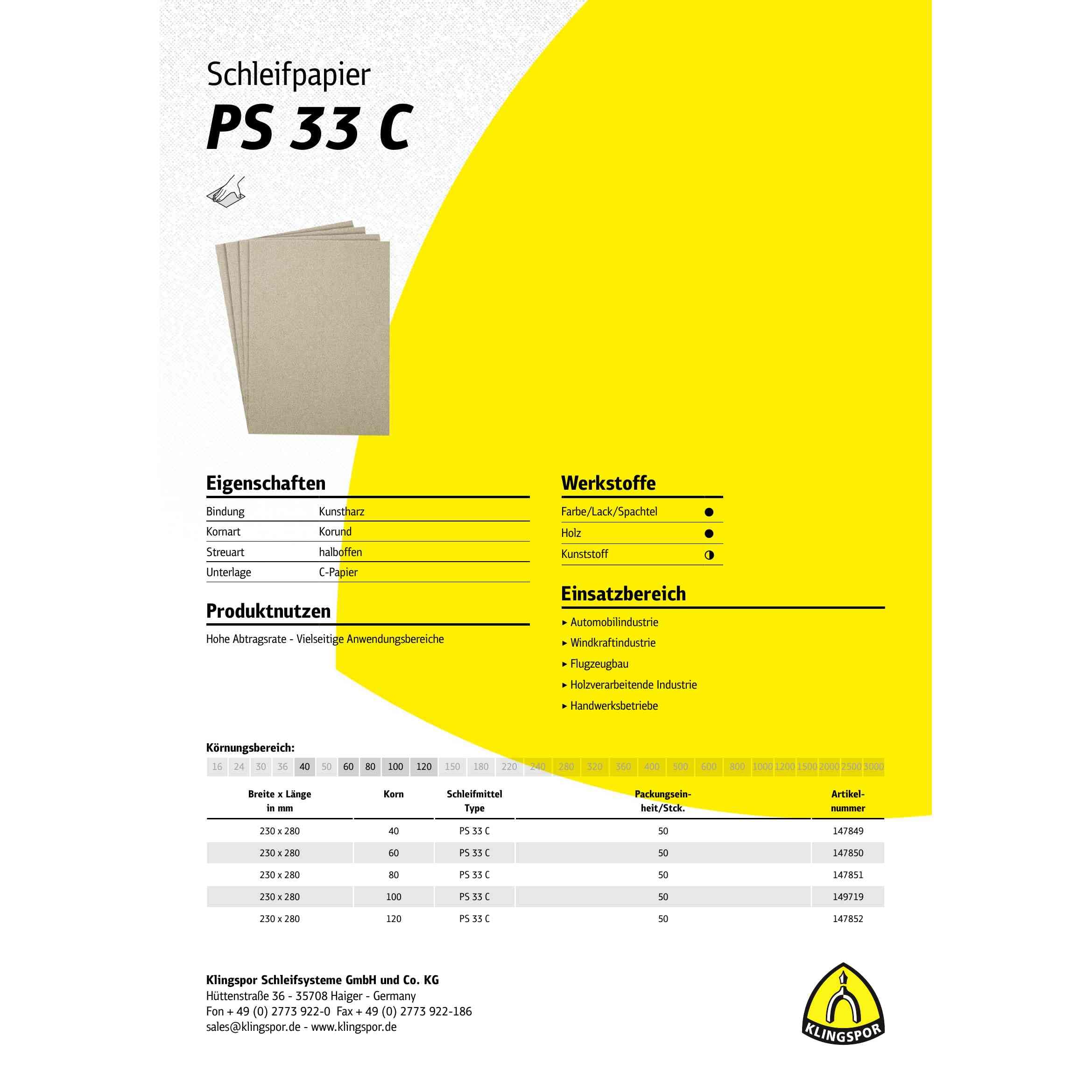 147850 Pliegos con Soporte de Papel, PS 33 C, 60 Grano, 230 mm x 280 mm