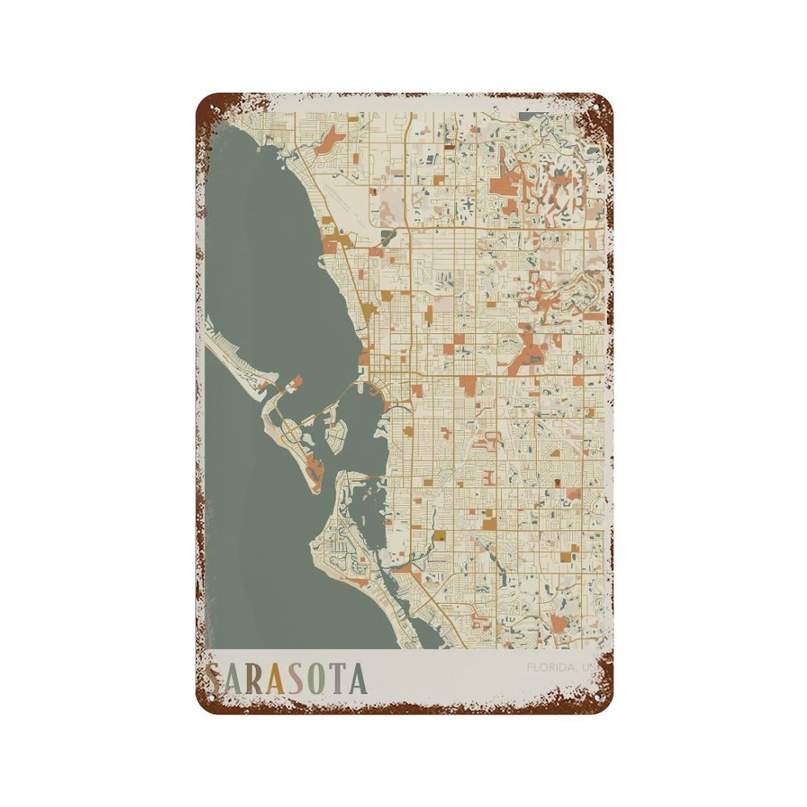 xiaoxiaoshen Sarasota Map City Florida Travel Gift Boho Wall Decor Art Metal Tin Poster Modern Home Decor Art Home Bar Shop Decorations Vintage Sign 30x20cm