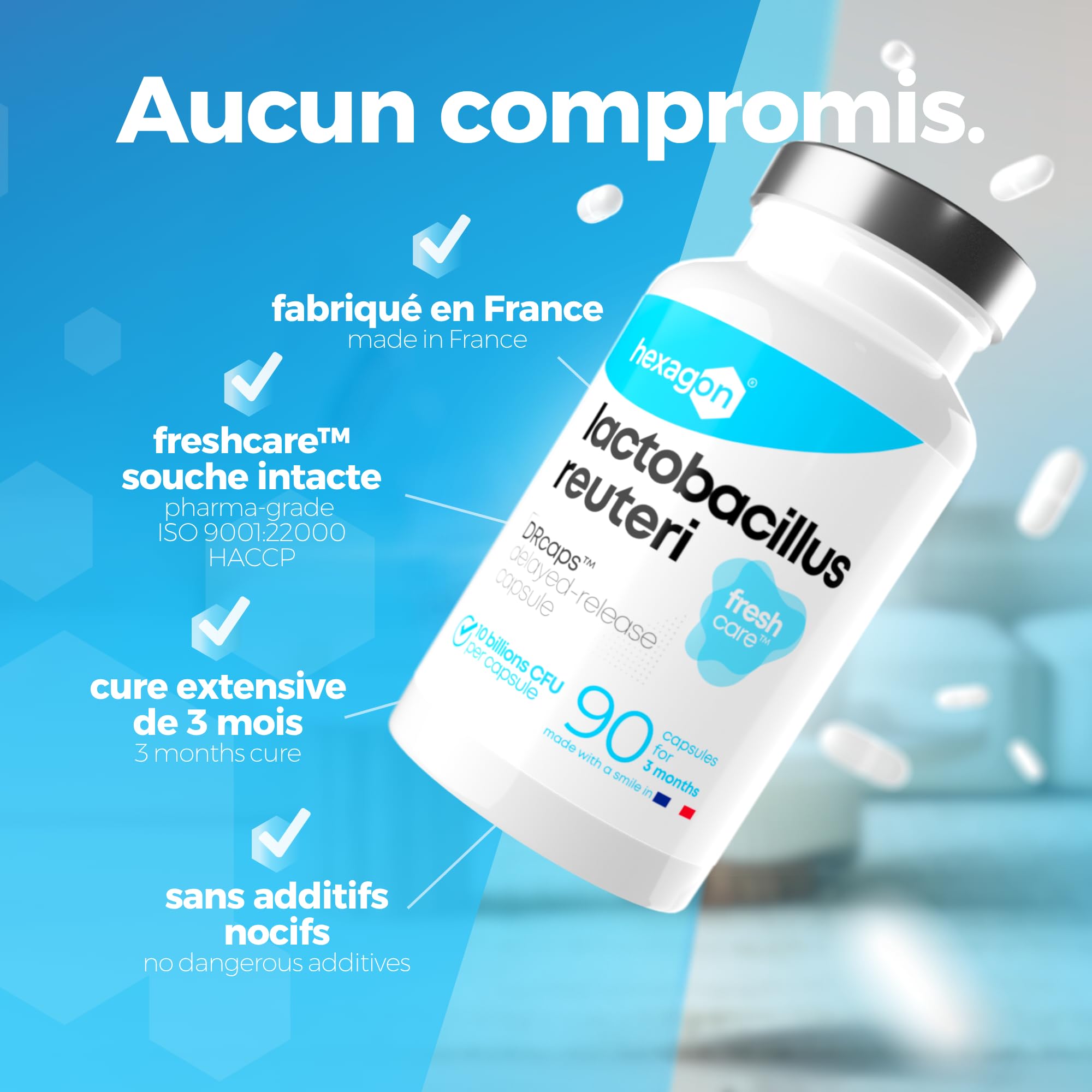 Lactobacillus Reuteri 10 Milliards UFC/Gélule - Cure Complète +3 Mois - L-Reuteri - Probiotique - Ferment Lactique - Freshcare™ Fraîcheur Optimale - 90 Gélules DRcaps™ - Vegan - Hexagon