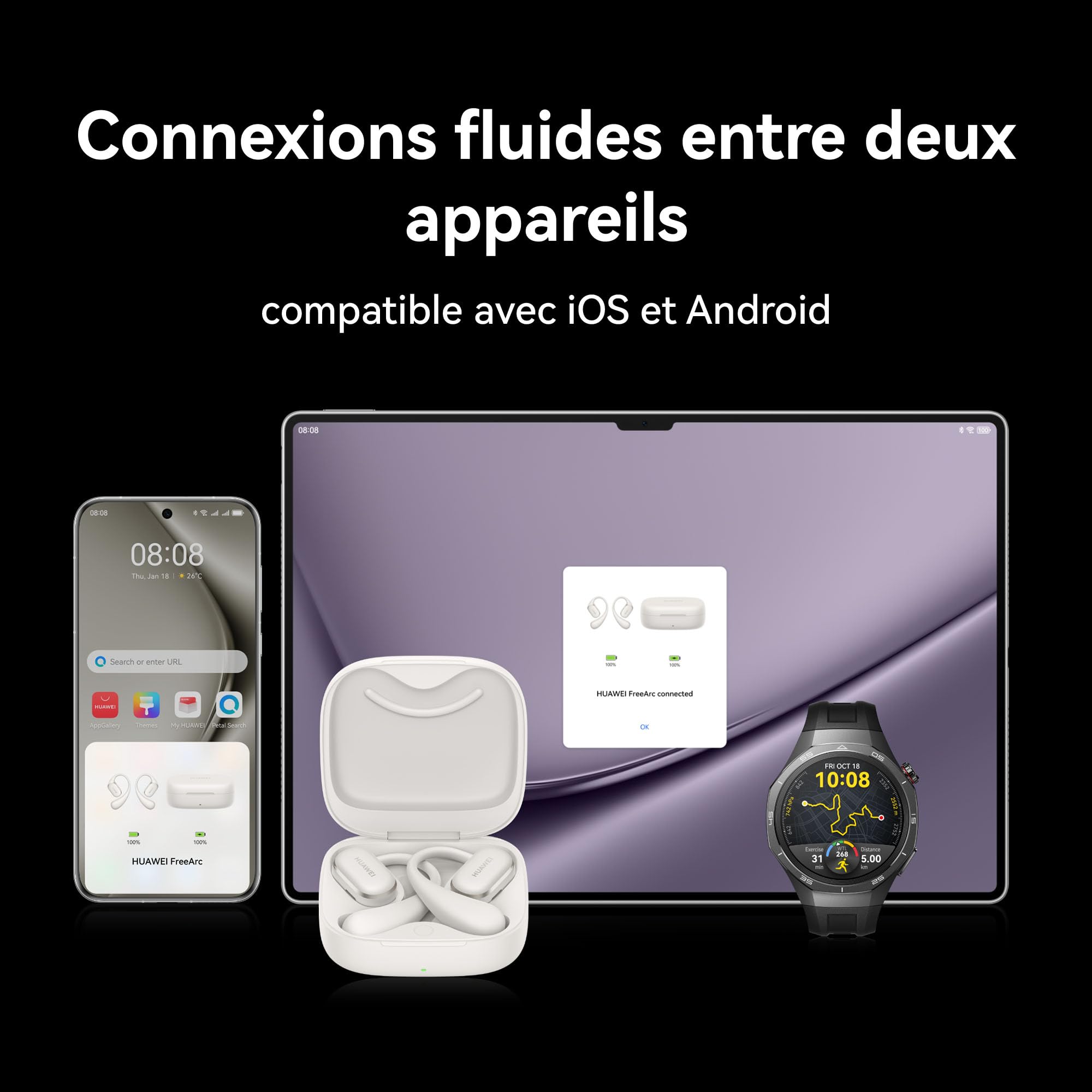 HUAWEI FreeArc écouteurs Ouverts, écouteurs sans Fil, Jusqu'à 28 h d'autonomie, Résistants à l'eau IP57, Ecouteurs pour Le Sport, Appels Ultra Stables, avec iOS, Android et Windows, Noir