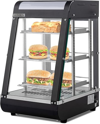 ROVSUN Calentador de pizza, calentador de alimentos, calentador eléctrico de alimentos comercial con estantes LED ajustables extraíbles, puerta de