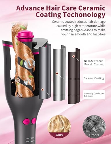 Miniatura 5 de GHKJOK Automatic Curling Iron for Women Long Hair Rotating Automatic Curling Wand 1Ceramic Barrel & 4 Temps & 3 Timers Auto Rotate Hair Curler
