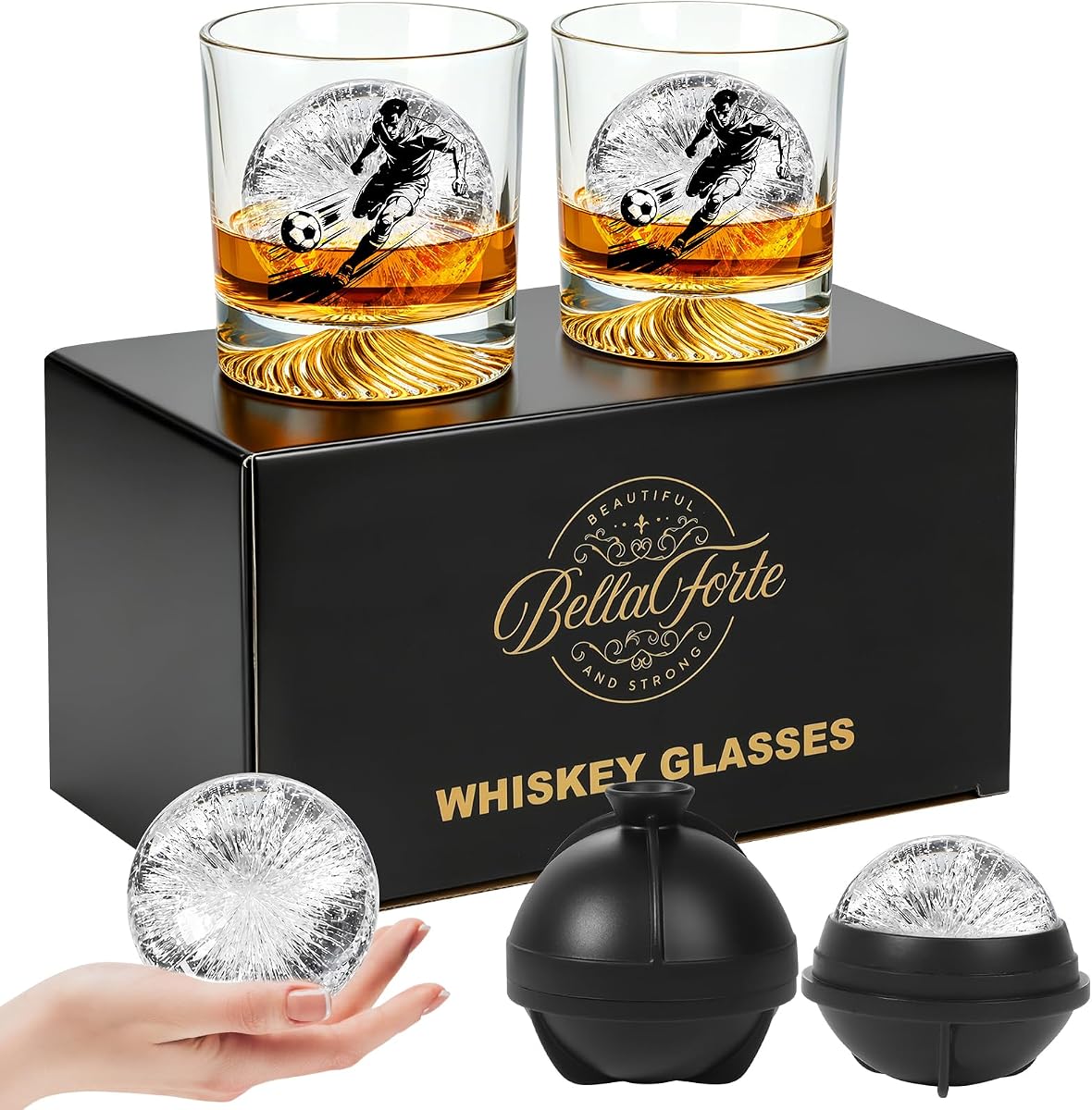 Soccer Player Whiskey Glass Gift Set for Men, 10oz Heavy Base Old Fashioned Glass with Football Athlete Design + 2 Patented Silicone Ice Ball Molds, Bourbon Scotch Gifts for Men, Husband, Sports Fans