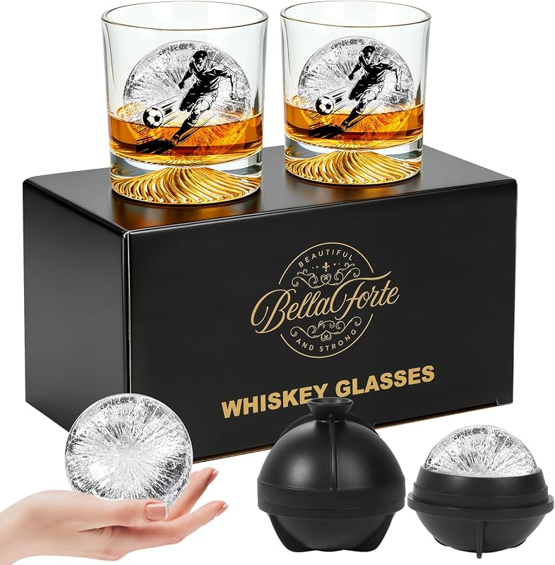 Soccer Player Whiskey Glass Gift Set for Men, 10oz Heavy Base Old Fashioned Glass with Football Athlete Design + 2 Patented Silicone Ice Ball Molds, Bourbon Scotch Gifts for Men, Husband, Sports Fans