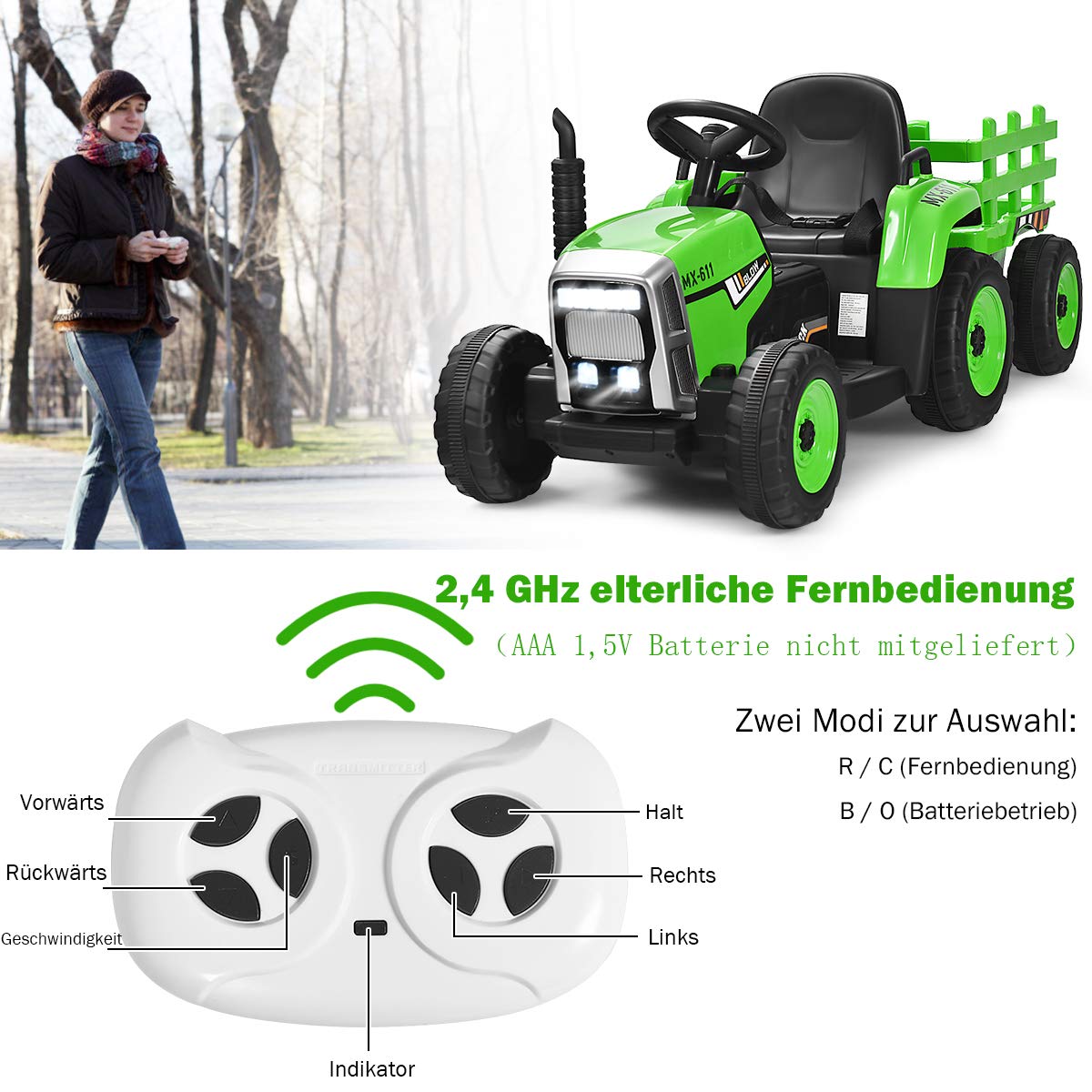 COSTWAY 12V 3-Gang Traktor mit abnehmbarem Anhänger und 2,4G Fernbedienung, Kinder Aufsitztraktor mit LED Lichtern, Musik, Hupe & USB Funktionen, geeignet für Kinder ab 3 Jahren (Grün)