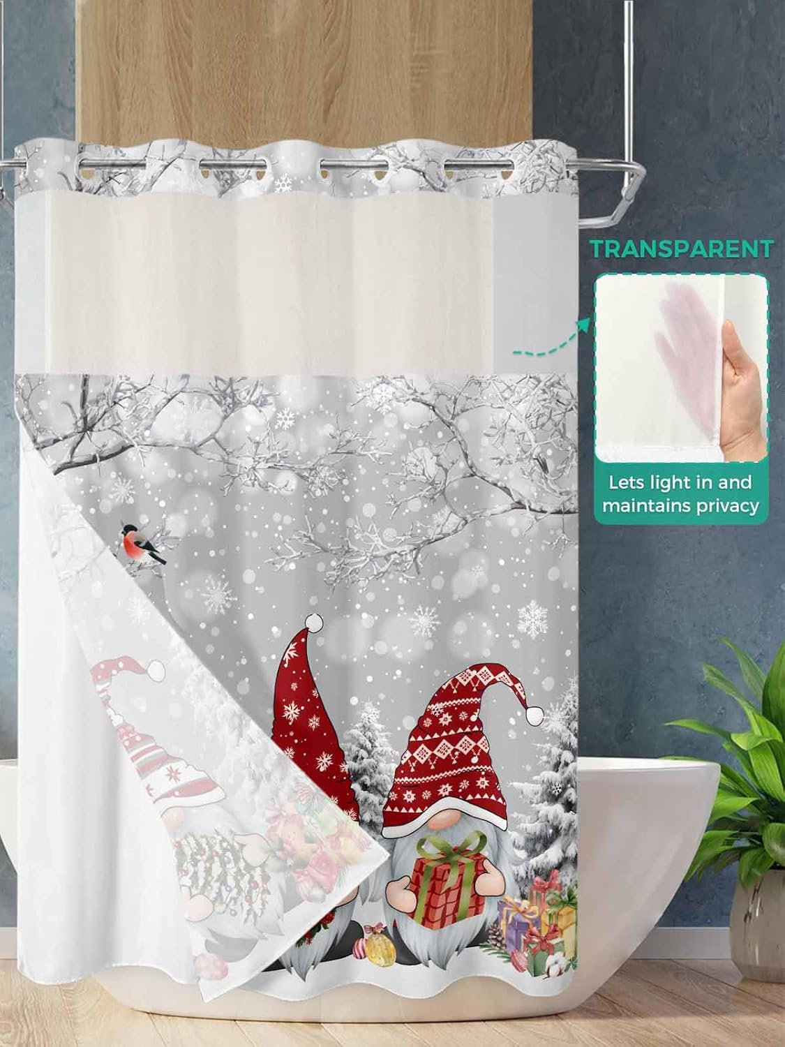 No Hook Shower Curtain with Snap in Liner Christmas Gnome Winter Xmas Tree Snowflake Grey Shower Curtain for Bathroom, Fabric Waterproof Inner Liner, Hotel Style with Mesh Top Window, 48x72