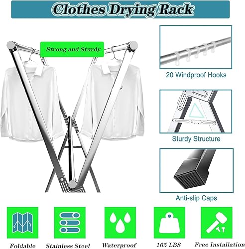 Miniatura 3 de Stainless Steel Clothes Drying Rack, Clothes Dryer Racks for Laundry Foldable, Racks for Laundry Room Clothes Dryer Rack Outdoor, Dryer Racks for